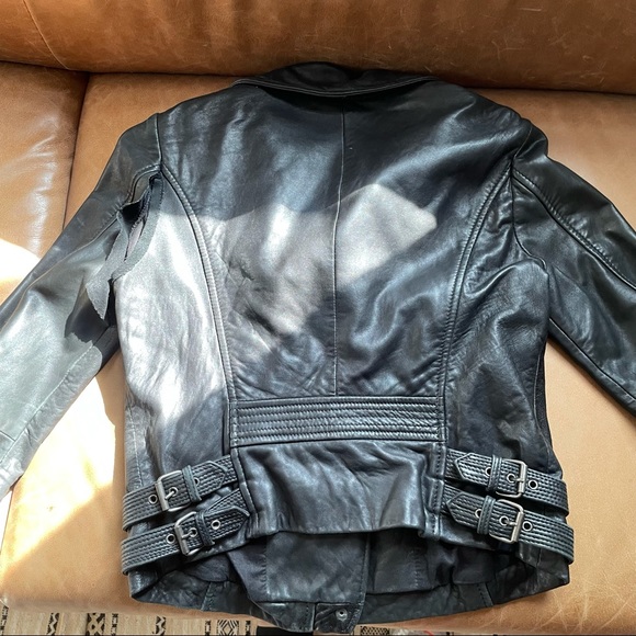 Lucky Brand Moto black leather jacket damaged sleeve fall winter layering - Picture 5 of 16